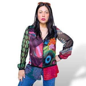 Desigual floral multicolor long sleeve semisheer boho 70s psychedelic tunic XS